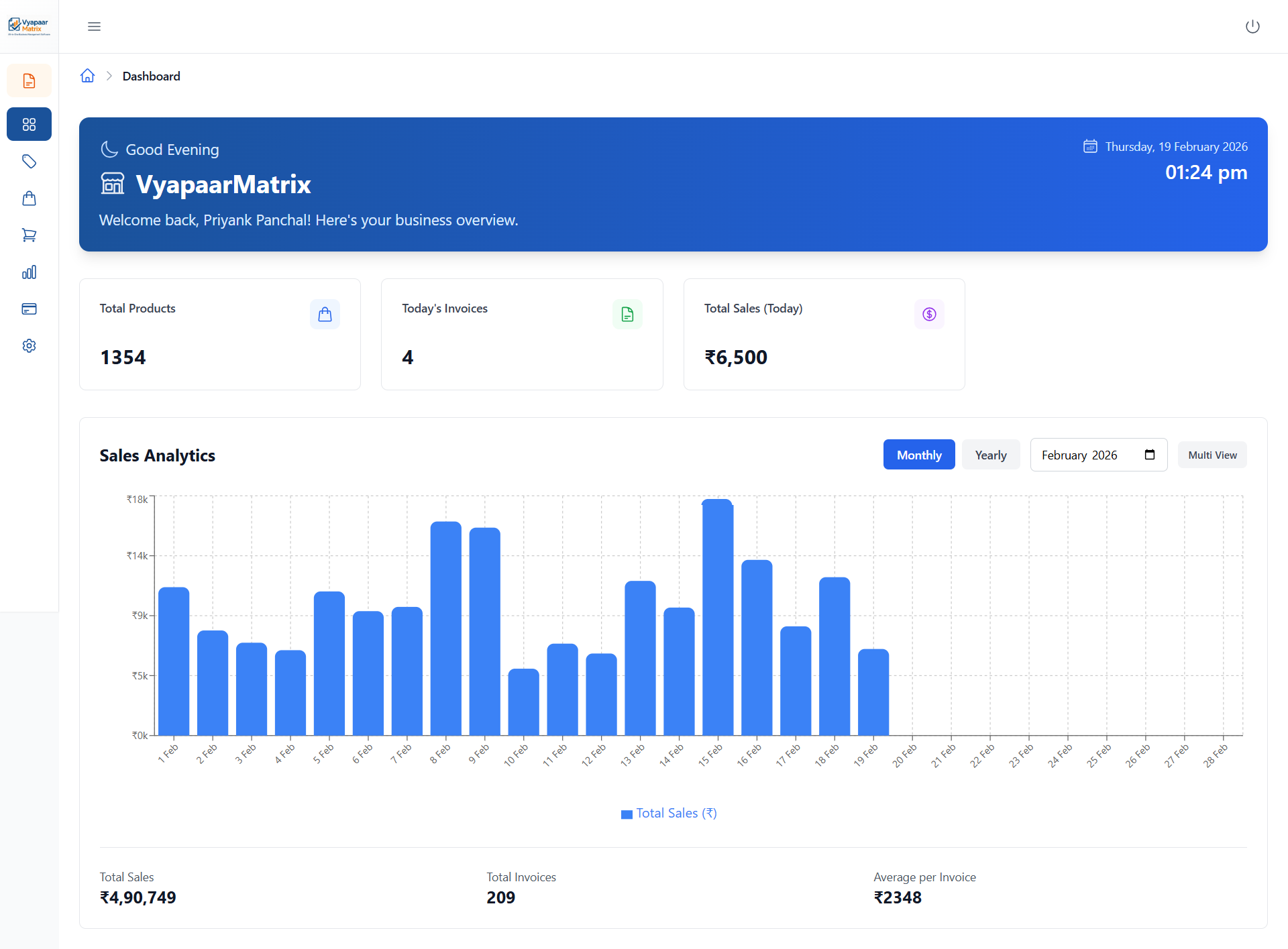 VyapaarMatrix dashboard - sales analytics, product management, GST billing