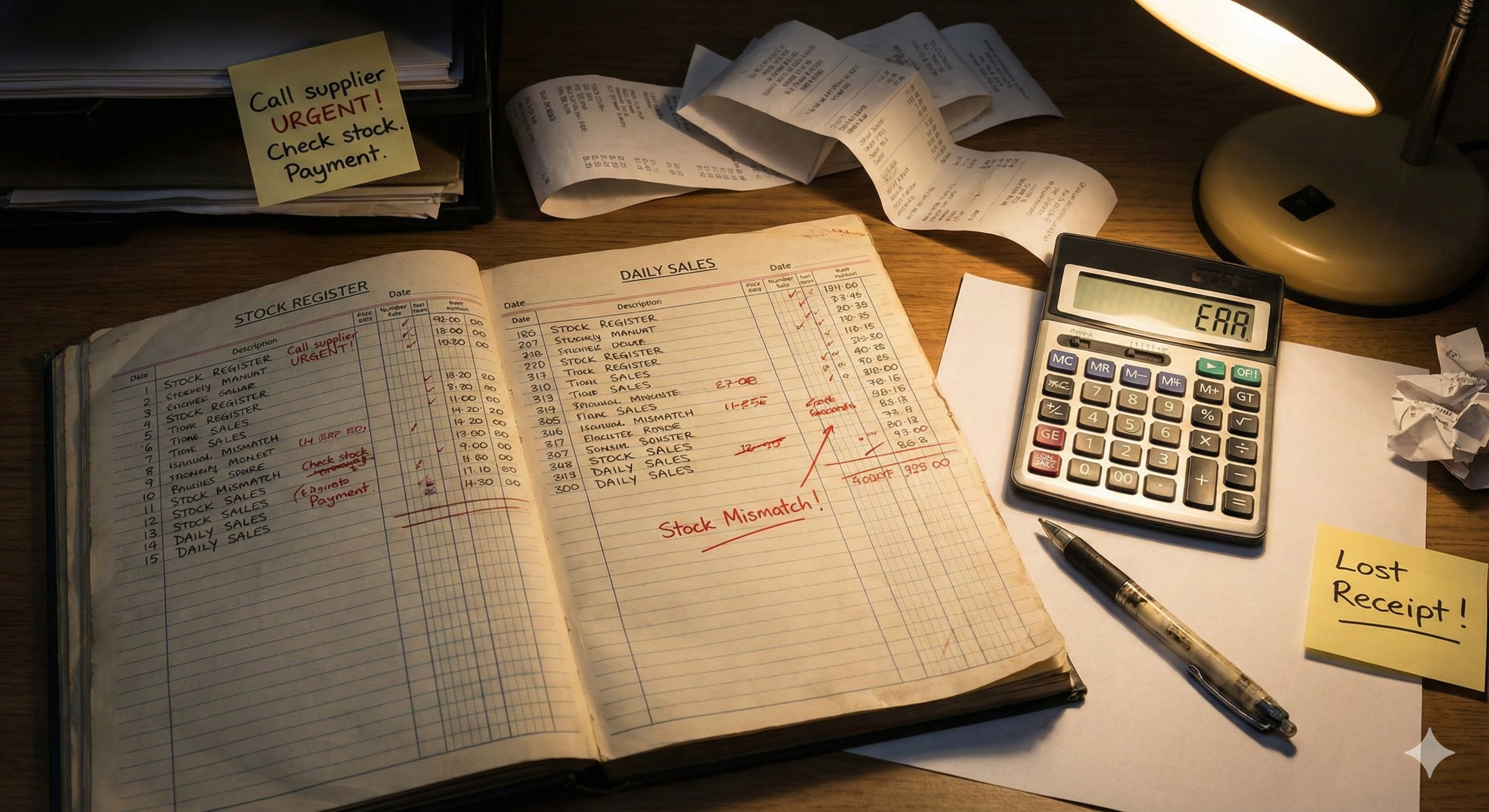 Manual store management - messy desk with stock register, scattered receipts, calculator showing error